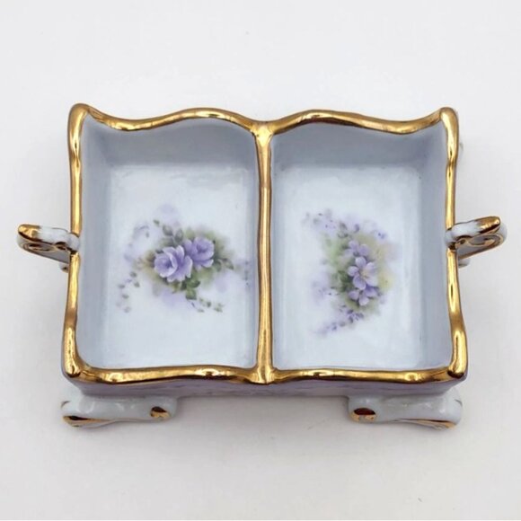 Cracker Barrel Victorian Style Floral Dual Tea Bag Caddy Holder 10k Gold Trim - Picture 2 of 6